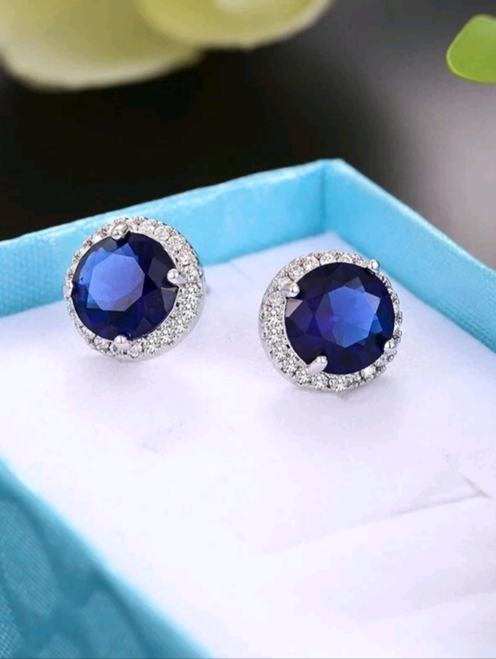 Blue Crystal Halo Stud Earrings - Women Jewelry - Picture 2 of 5